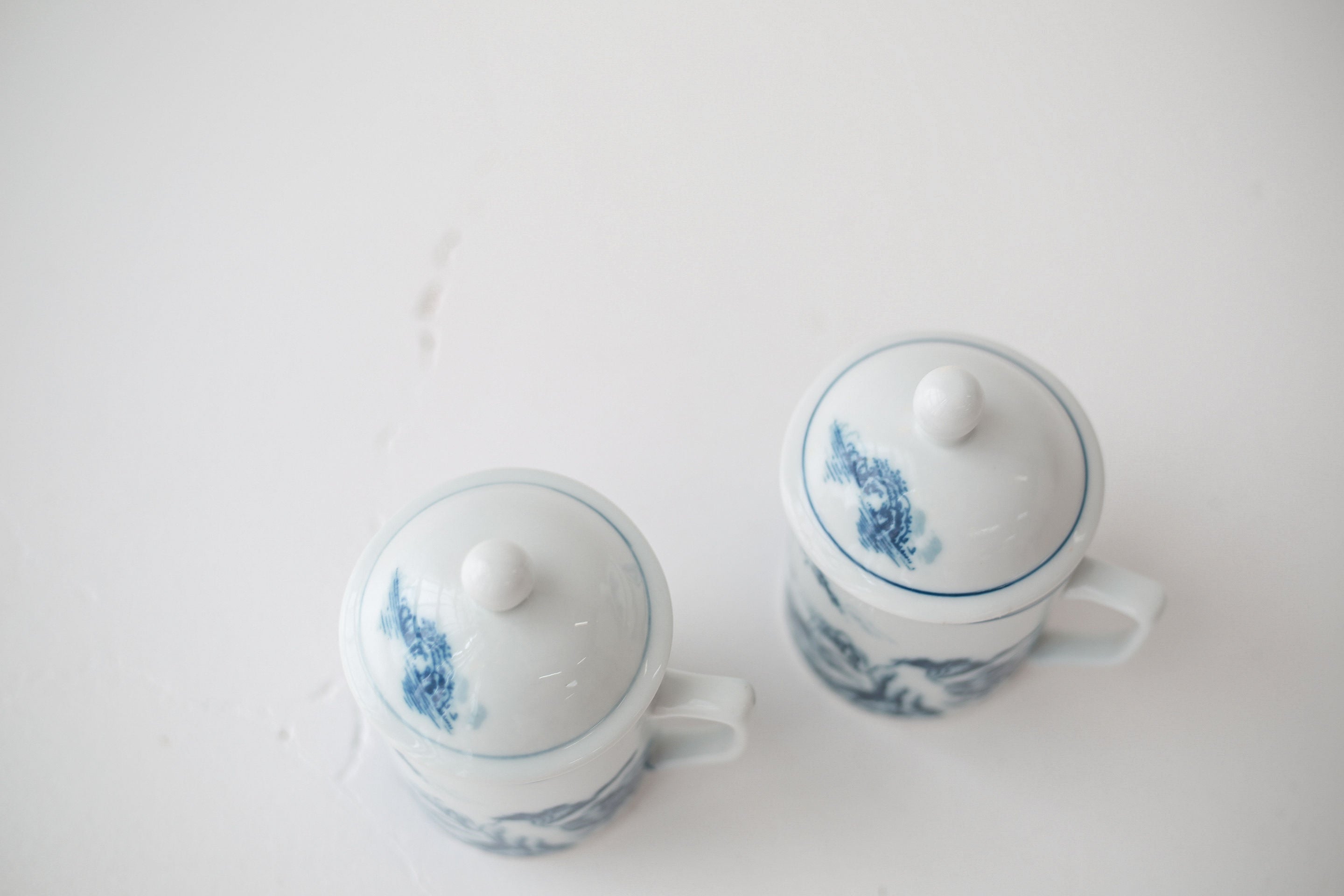 Blue & White Lidded Mugs | Scenic Porcelain Steeper Mug Pair