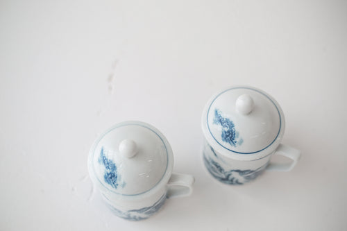 Blue & White Lidded Mugs | Scenic Porcelain Steeper Mug Pair